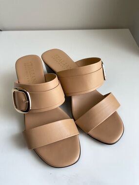 Italian Shoemakers Beige Slide Sandals with Gold Buckle